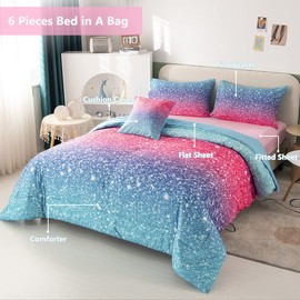 PERFEMET Queen Size Girls Bedding Set 6 Piece Blue Pink Comforter Set Kids Bed in A Bag Colorful Rainbow Glitter Bed Set for Bedroom Decoration Fluffy Tie Dye Teen Girl Bed Comforter Set