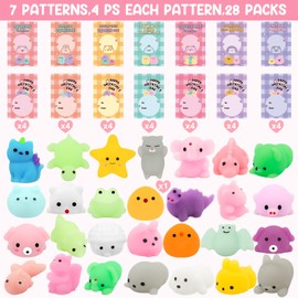 28 Pack Valentines Day Gifts for Kids, Kawaii Mochi Squishies Party Favor Set with Valentines Animal Greeting Cards for Kids, Valentine's Day Classroom Exchange Gifts Set, School Prizes Party Favor