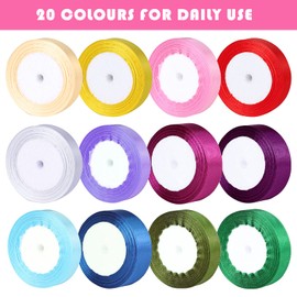 12 Colours Satin Ribbon 20 mm, 22 Metres Decoration Gift Ribbon Wide Ribbon Fabric Ribbon for Dress Wedding Christening Birthday Gifts Satin Decorative Ribbon Gift Packaging