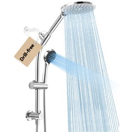 MakeFit Drill-free Dual Shower Head with Handheld Combo Rainfall Shower Head Easy Reach 3-way Diverter Stainless Steel Slide Bar with Height Adjustable Holder Adjustable Rain Showerhead (Chrome)