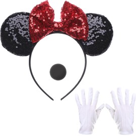 Mouse Ears Headband, Shiny Bows Glitter Headband, Gloves, Black Nose, Party Decoration Cosplay Costume for Kids Girls Women Princess Party Decorations