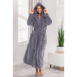 Alexander Del Rossa Womens Fluffy Robe, Fuzzy Robe for Women, Long Hooded Robes for Women, Plus Size Robe Steel Gray XS (A0304STLXS)