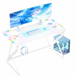 Small Gaming Desk with LED Lights, 40/47Inch Computer Desk for Home Small Space, Gaming Table with Carbon Fiber Surface, PC Gamer Desk for Kids Boys Men - Color: White, Size: 40inch