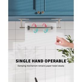 WZKALY Paper Towel Holder Under Cabinet, Self Adhesive or Wall Mount Hanging Paper Towel Holder with Damping Effect, Single Hand Operable, Stainless Steel for Kitchen Bathroom (Silver)