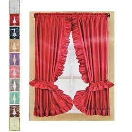 Better Home Ruffled Fabric Window Curtain Set, Mosaic - 2 Tie Backs - Adhesive Hooks (Burgundy Red)