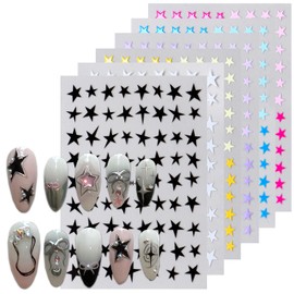 6Sheets Star Nail Art Stickers 3D Nail Decals with Shiny Colorful Five Pointed Star DIY Design Stars-Shaped Nail Adhesive Slider Accessory Manicure Decoration for Women Daily Wear
