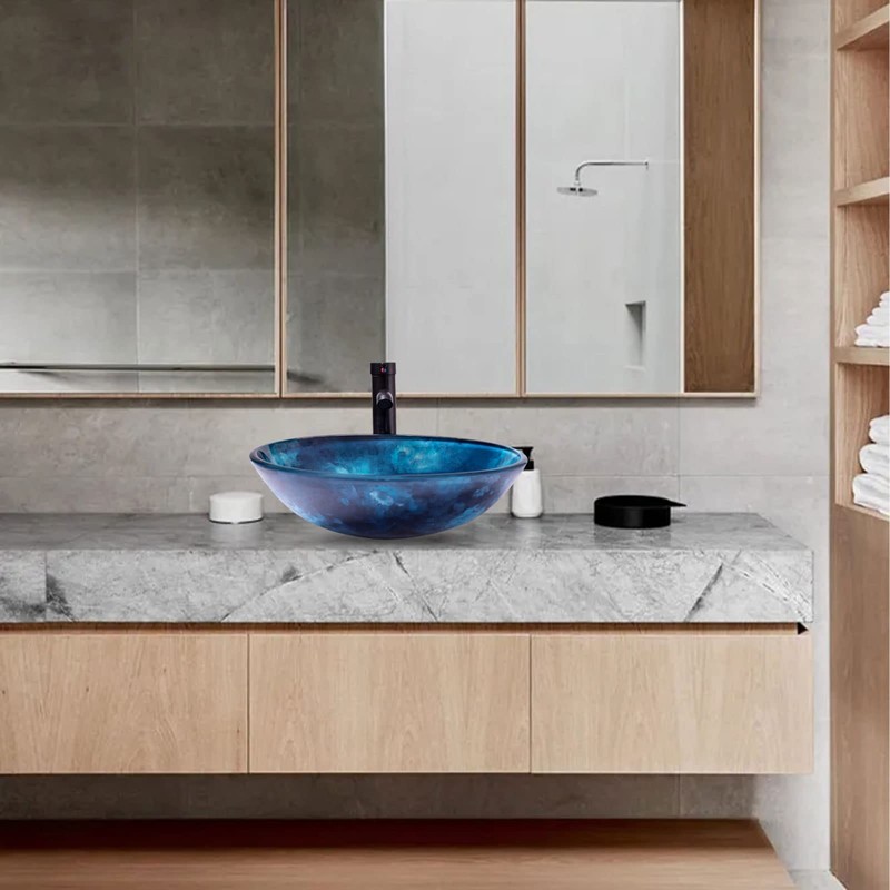 YIMAI Ingenuity Vessel Sink 16.5" Bathroom Sinks Tempered Glass Blue