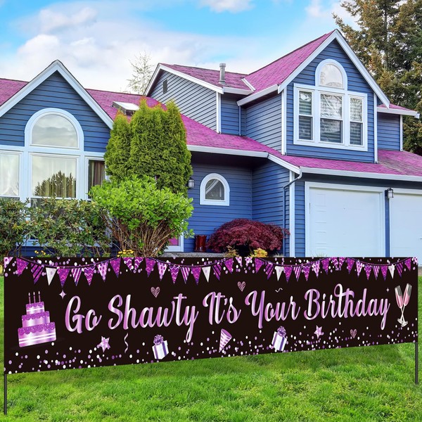 Black Purple Go Shawty - Banner de cumpleaños para patio