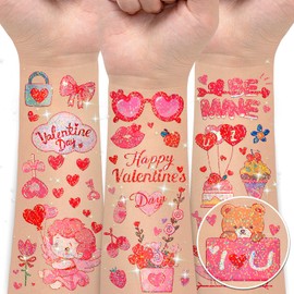 EMOME Valentine Tattoos for Kids, Cute Tattoo Stickers for Valentines Day Classroom Party Favors Decorations, Valentine Temporary Tattoos Special for Goodie Bag Stuffers Fillers Treats (Glitter)