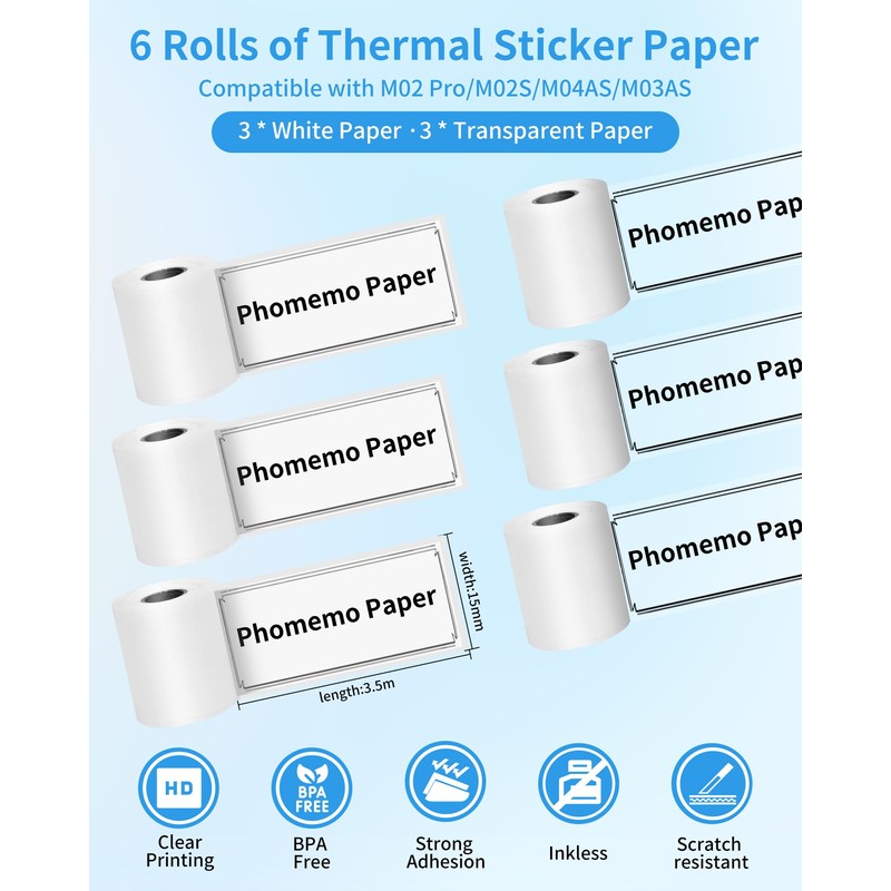 Phomemo Paper Compatible with M02Pro, M02S, M03AS, M04AS Mini Thermal