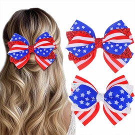 Bafuny 4th of July Hair Clips Patriotic Bow Hairclips Glitter Sequin Hair Barrettes for Women