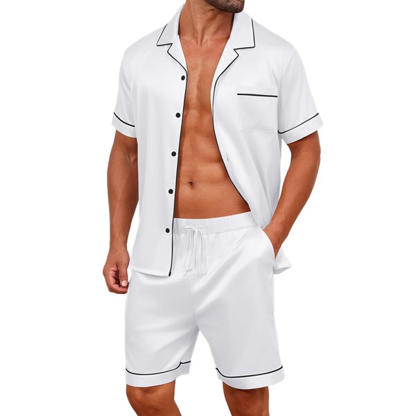 Vssjavun Men Silk Satin Pajamas Set Button Down Sleepwear Short