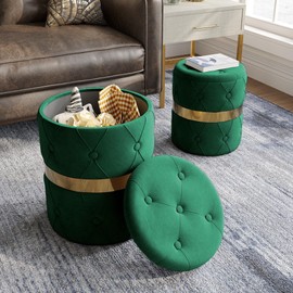 RoyalCraft Round Storage Ottoman Set of 2, Fully Assembled Velvet Vanity Stool Chair, 22QT Large Storage Foot Stool, Support 200lbs Padded Seat for Bedroom, Living Room, Office and Study Room, Green