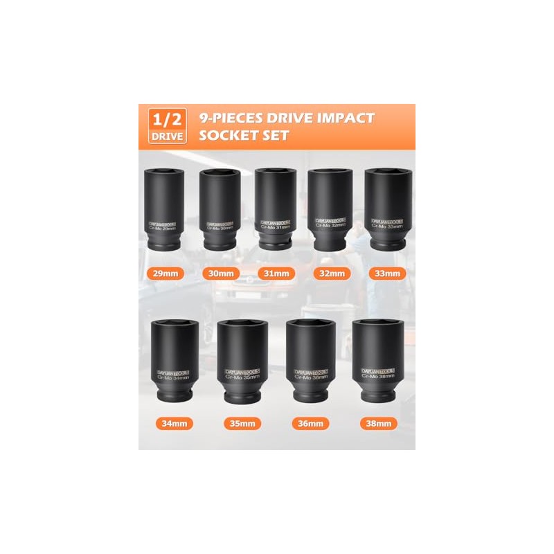 DAYUAN 9 Pcs Axle Nut Hub Impact 1/2" Drive Socket