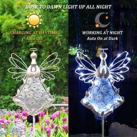 COOZZYHOUR 38Inch Angel Solar Lights Outdoor Decorative-Metal&Glass Angel Hydrangea Flower Garden Stake Lawn Light- Waterproof 30 Warm White LED for Remembrance Gifts & Grave Decorations (White)