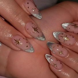 Medium Press on Nails AlmondFake Nails Nude False Nails French Artificial Nails with Gold Stars Designs Glitter Cute Nails Sparkly Stick on Nails for Women 24pcs