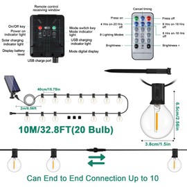 Hulaiyaa Solar Fairy Lights Garden G40 12 m 20 Bulbs 8 Modes Fairy Lights Outdoor Solar Fairy Lights Pile Rope Outdoor Bulbs with Remote Control for Patio Balcony Party Wedding