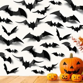 120Pcs Halloween Home Decor 3D Bats Halloween Window Stickers,4 Sizes Halloween Decorations Black PVC Bat DIY Halloween Party Supplies