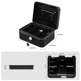 YAYAG Steel Lock Box with Removable Money Tray and Key Lock, Cash Storage Box with Lockable Cover, 7.87"x 6.30"x 2.2", Black