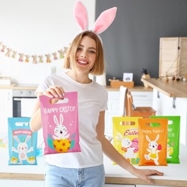 Crtiin 120 Pieces Plastic Easter Gift Bags Large Easter Plastic Tote Bags Easter Candy Goodie Gift Bags with Handles Easter Hunt Bags for Easter Hunt Easter Party Favor Supplies, 6 Designs