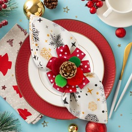 WHIXMSY Christmas Napkin Rings Set of 6 Golden Pinecone Napkin Rings Holders Red Green Pom Pom Ball Xmas Serviette Rings for Christmas Dining Table Decor