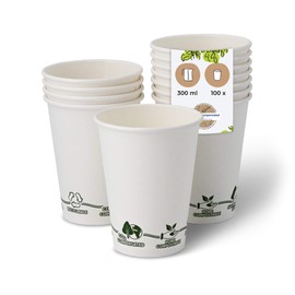 BIOZOYG Pack of 100 Coffee Cups Paper Cups 300 ml / 12 oz Diameter 90 mm White with Environmental Motif - Disposable Cups Plastic-Free - Cups from Sustainable Forestry - Coffee Cups Disposable