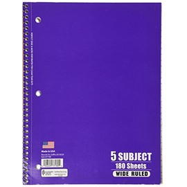 Mead Spiral Notebook, 5 Subject, Wide Ruled, 180 Sheets, 1 Notebook per Order, Assorted Colors - Color May Vary (05680)