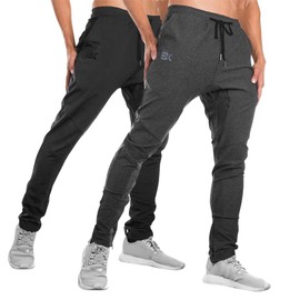 BROKIG Mens Jogger Sport Pants, Casual Gym Workout Sweatpants with Double Pockets (Medium, Black/Dark Grey)