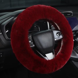 Cute Fluffy Steering Wheel Cover - 14-15 inch Fuzzy Warm Soft Plush Wool Fur Car Accessory for Women, Men, Girls (Burgundy)