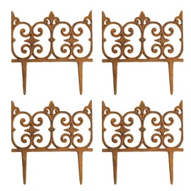 Sungmor Decorative Cast Iron Garden Edging, 4 Pack Full Rusted Victorian Garden Edging Landscape Border, Vintage Metal Yard Stake Low Picket Fence, 10.6" Tall Outdoor Flower Bed Lawn Fence Panels