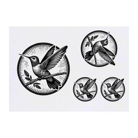 4 x 'Hummingbird on a Branch' Temporary Tattoos - Water Resistant, Skin-Safe, Non-Toxic Transfers, Mixed Sizes (TO00070330)