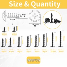 Zmbroll 300Pcs M3 Black Washer Head Tapping Screws Carbon Steel Pan Head with Washer Tapper Screw M3x5/6/8/10/12/14/16/18/20/25mm Small Fasteners Wafer Head Wood Screws Assortment Kit