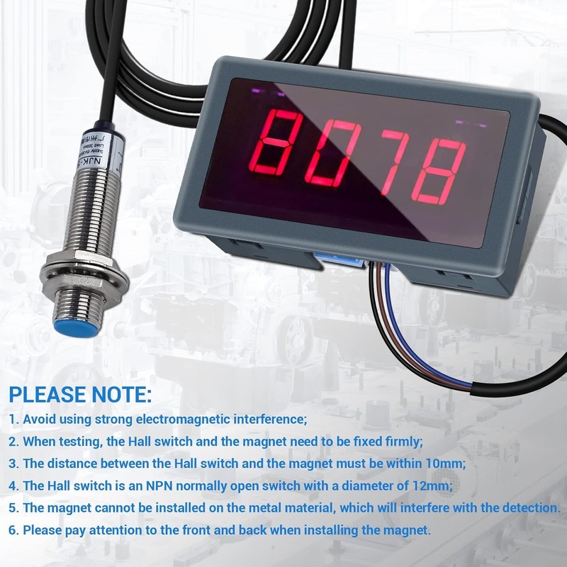 4-stellige Digitale LED-Tachometer, Drehzahlgeschwindigkeitsmesser mit Hall-Näherungssensor, NPN/PNP-Eingang, Rot/Blau-Display, 10-9999RPM-Bereich (Rot)