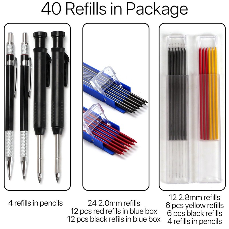 VANANA 40PCS Mechanical Carpenter Pencils Kit- 24 2.0mm + 12
