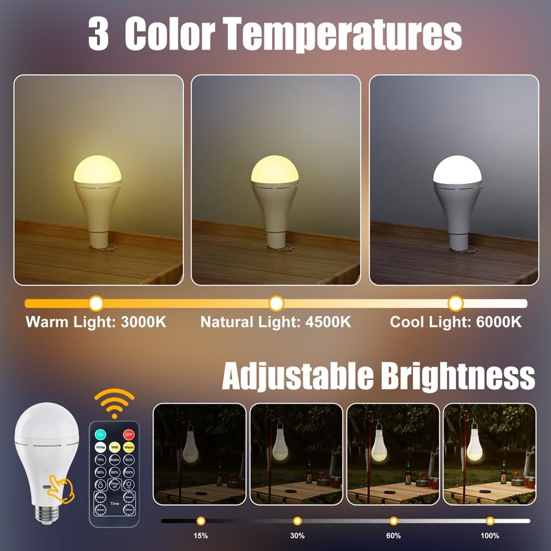 Brightown E26 Rechargeable Light Bulb with Remote and Timer, Battery