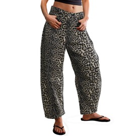 Kedera Women's Baggy Barrel Jeans Casual Boyfriend Mid Rise Leopard Printed Wide Leg Denim Ankle Pants