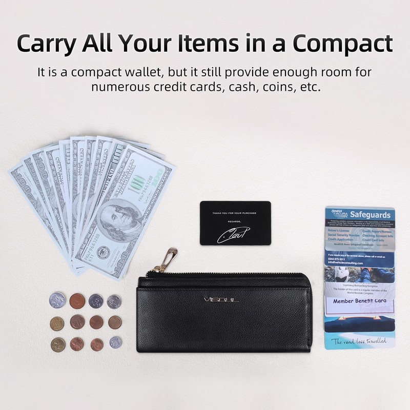 VISOUL Genuine Leather Long Wallet L017, Black and black