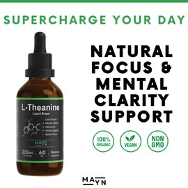 MAYN L-Theanine Liquid Drops – Natural Relaxation, Stress Relief & Focus Support Supplement – 200mg Vegan, Non-GMO, Clean Formula for Calm Mood & Mental Clarity – 60ml
