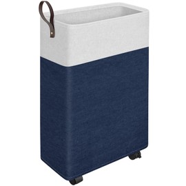 HomeHacks Laundry Basket with Wheels, Rolling Laundry Hamper, Collapsible & Waterproof Clothes Hamper, Narrow Corner Clothes Bins with Extended Handles for Clothes in the Family & Dorm (50L, Blue)