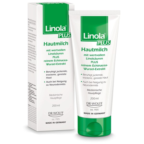 Linola Plus Hautmilch - 1 x 200 ml - Bodylotion für juckende, trockene, irritierte sowie zu Neurodermitis neigende Haut | Körperlotion, die schnell einzieht und Hautrötungen reduziert