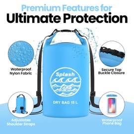 Splash Zone Dry Bag, 15L Capacity, Waterproof with Double Shoulder Straps, Blue