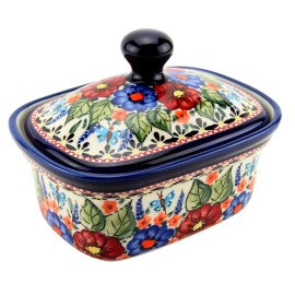 Polish Pottery Butter Dish / Container with Lid, 5.75" L x 4" W x 4" H, 14 Oz.