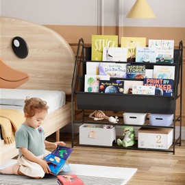 aboxoo Kids Bookshelf Freestanding Bookcase for Children Room, 32 in Book Shelves with 4 Deep Pockets Toy Organizer Large Stable Book Unit Storage for Bookstore Library Living Room,Black