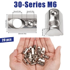 Pack of 20 T-Slot Nuts M6, T-Slot Nuts with Ball Nut 6, 30 Series T-Slot Nut M6 Thread with Spring Ball, Sliding T Nuts for 3D Printer, CNC, Aluminium Profile Extrusion Slot