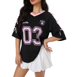 Verdusa Women's Bow Tie Oversized Jersey Shirts Hip Hop V Neck Short Sleeve Graphic Tees Black Large