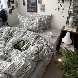 mixinni Vintage Gray & White Striped Duvet Cover Set - 3 Piece 100% Washed Cotton Twin XL Size Bedding | Minimalist Gender-Neutral Design | Ultra-Soft Breathable, with Zipper Closure & Corner Ties