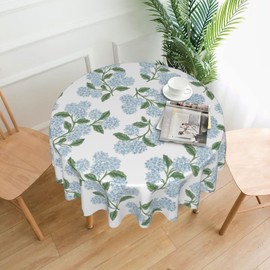 Spring Floral Tablecloth Round 60 Inch Blue Hydrangea Flower Table Cloth Polyester Fabric Vintage Summer Flowers Table Cover for Kitchen Holiday Party Dining Picnic Outdoor Decor