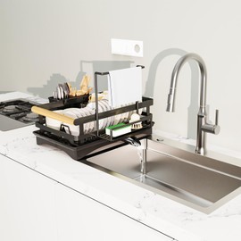 Yawinhe Dish Drying Rack for Kitchen Counter, Space-Saving Dish Rack with Removable Utensil Holder,Drainboard and Spout, for Dishes, Knives, Spoons, and Forks, Black