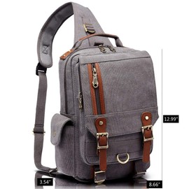 KAUKKO Canvas Leather Outdoor Sling Bag Cross Body Messenger Bag Shoulder Backpack Daypack Grey