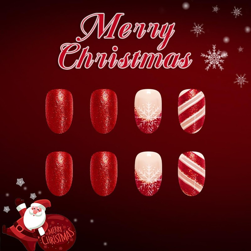 Christmas Press on Nails Medium Almond Fake Nails Glitter Red